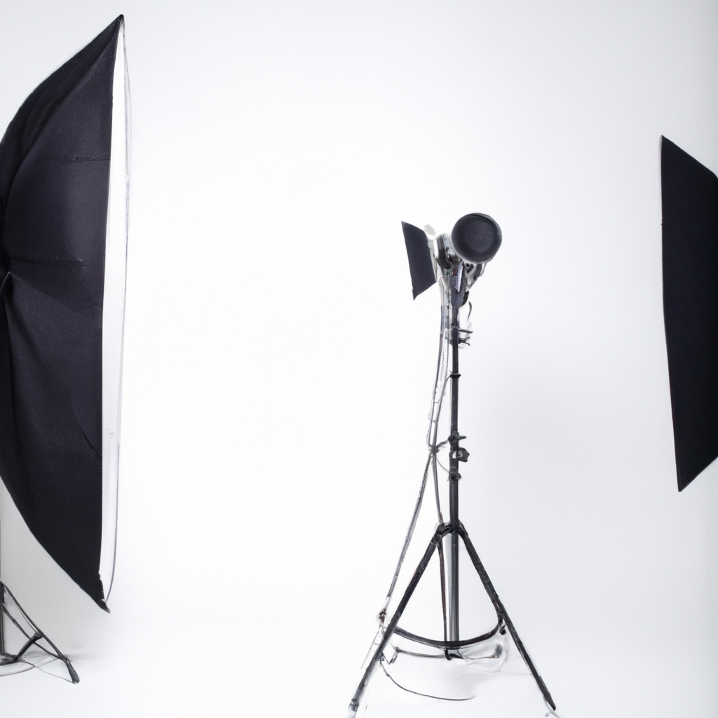 Set de iluminación profesional listo para sesión en estudio, fondo blanco limpio con flashes y soportes